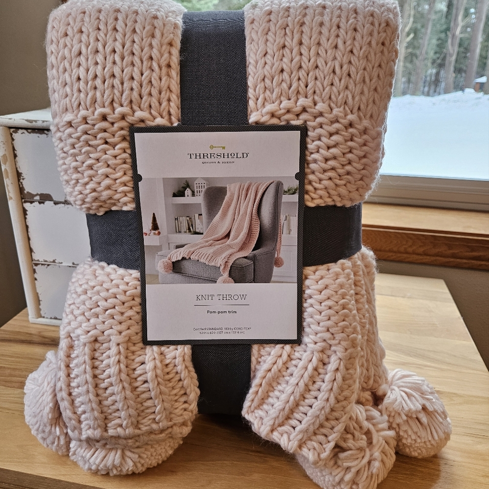 Threshold Knit Throw Blanket with pom poms  - Blush Pink